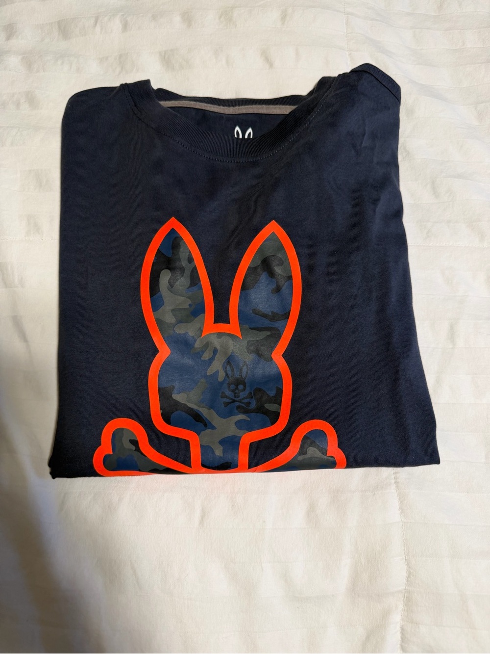 Psycho Bunny Navy Tee with Orange-Trim Camo Bunny